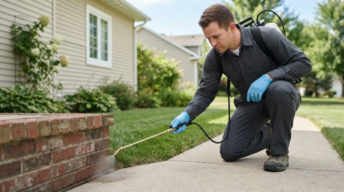 Pest control technician treating a home near Vincennes, IN