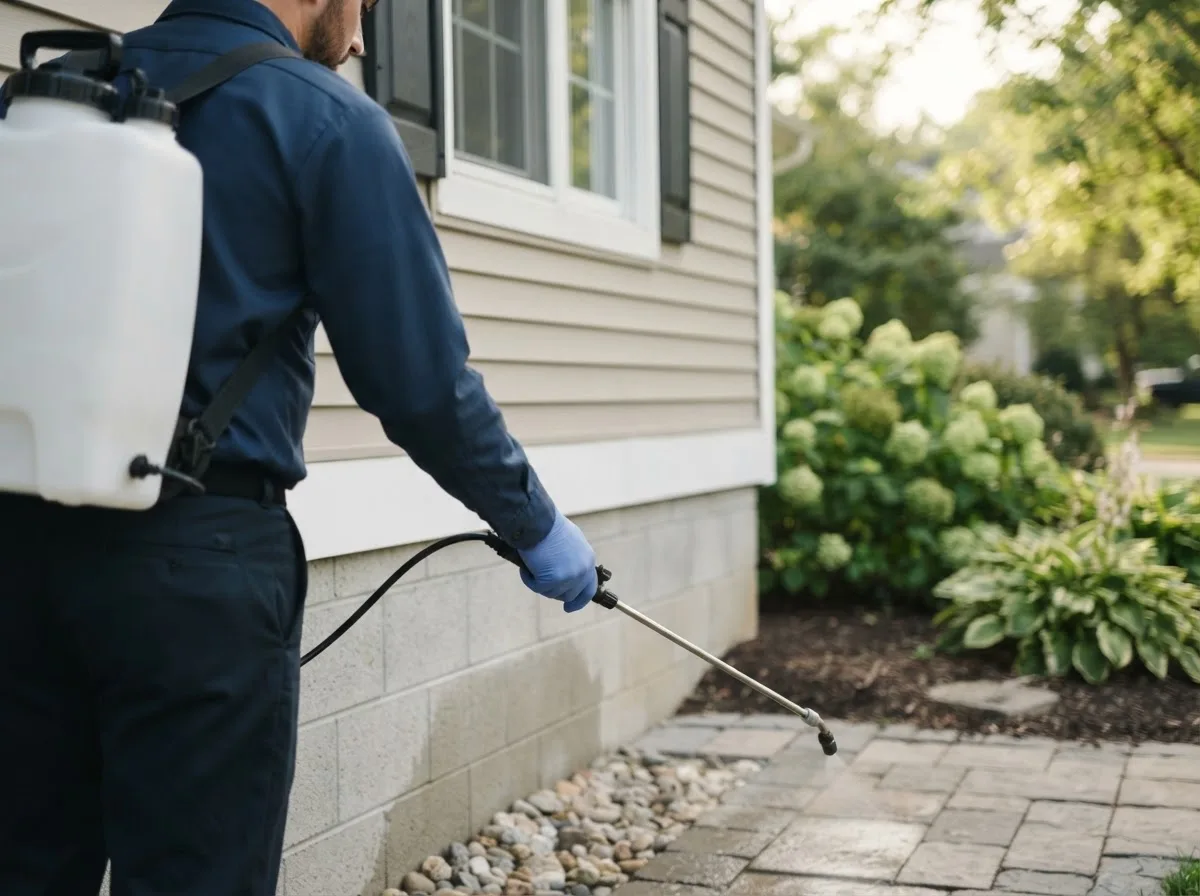 Pest control technician inspecting a home in Vincennes, IN